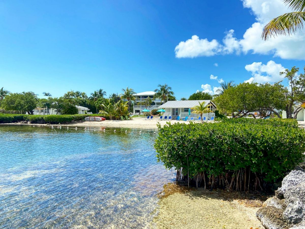 The image shows a serene coastal scene with clear blue water, lush greenery, and several houses in the background, with a bright blue sky.