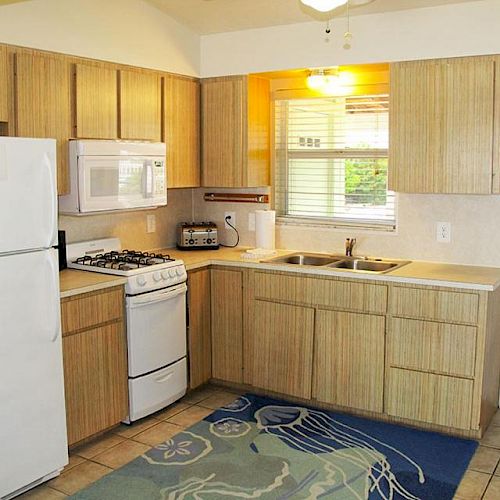 This image shows a kitchen with a refrigerator, stove, microwave, sink, and wooden cabinets. There's a blue mat on the tiled floor.