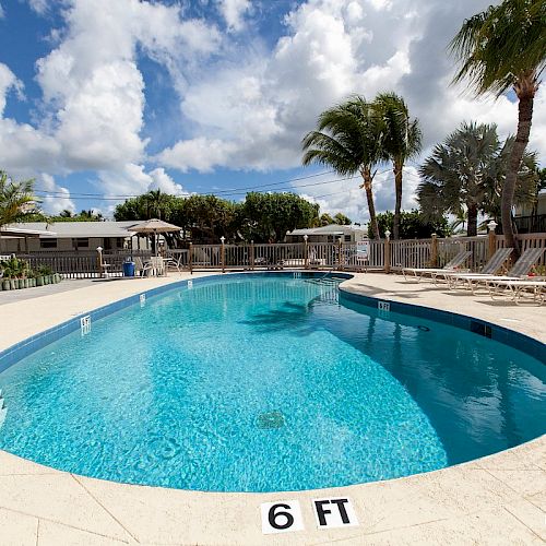 This image showcases an outdoor swimming pool with crystal clear water, surrounded by lounge chairs and palm trees, under a partly cloudy sky.