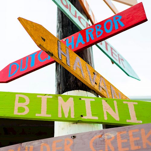 A colorful signpost with arrows pointing to different places, including 