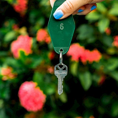 A hand holding a green keychain labeled with the number 6, attached to a silver key, with a blurred background of vibrant green leaves and pink flowers.