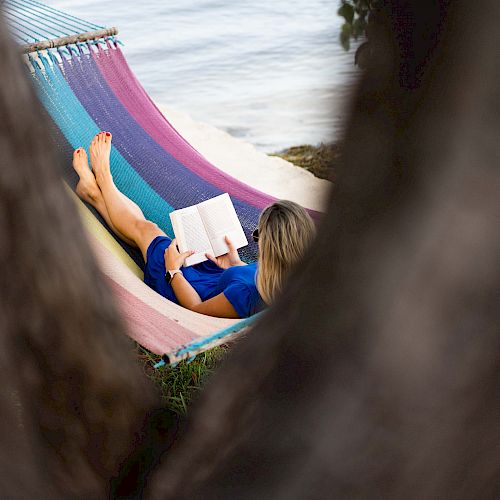 A person reads a book while relaxing on a colorful hammock near the water, partially obscured by tree trunks in the foreground.