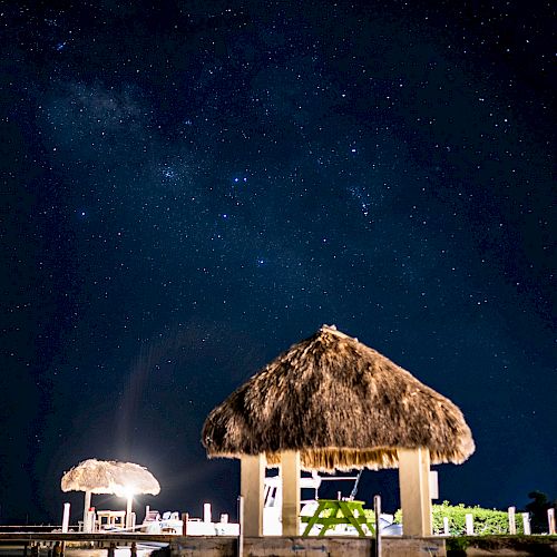 The image features a thatched-roof hut illuminated at night under a starry sky, with another similar structure in the background by the water's edge.