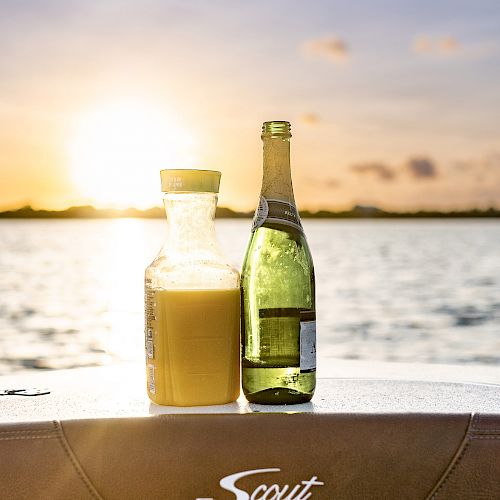 A bottle of orange juice and a bottle of wine are placed on a boat's seat with 