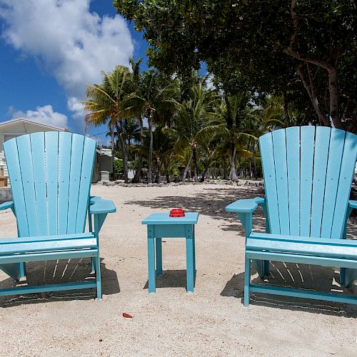 Two blue wooden Adirondack chairs and a small table on a sandy area, with trees and houses in the background.