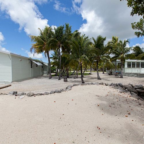 The image shows a beach with white sand, palm trees, and two white buildings in the background under a partly cloudy sky.