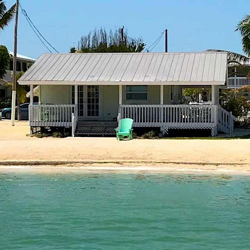 A small beachfront house with a porch, surrounded by sand, palm trees, and a kayak on the shore, facing calm blue water.