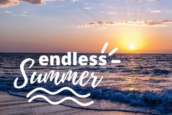 A serene beach scene at sunset with the text 