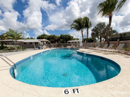 A clear outdoor swimming pool, surrounded by lounge chairs and palm trees under a partly cloudy sky, with 