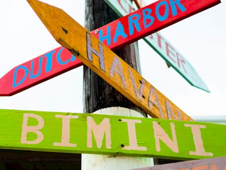 The image shows a colorful signpost with arrows pointing to various locations, including Lizard Island, Dutch Harbor, Bimini, and Outer Banks.