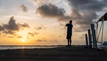 A person is fishing on a dock at sunset, with clouds in the sky and water in the background.