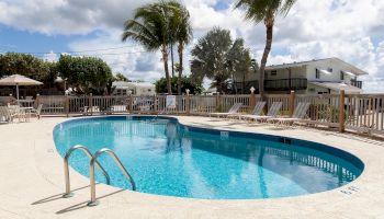 An outdoor pool with clear blue water is surrounded by lounge chairs and palm trees, with a building and cloudy sky in the background.